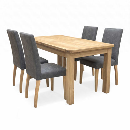 Furnitureland ‘Augusta’ Solid Oak Small Rectangular Extending Dining Table with Grey Cowboy Upholstered Dining Chairs - Set of 4