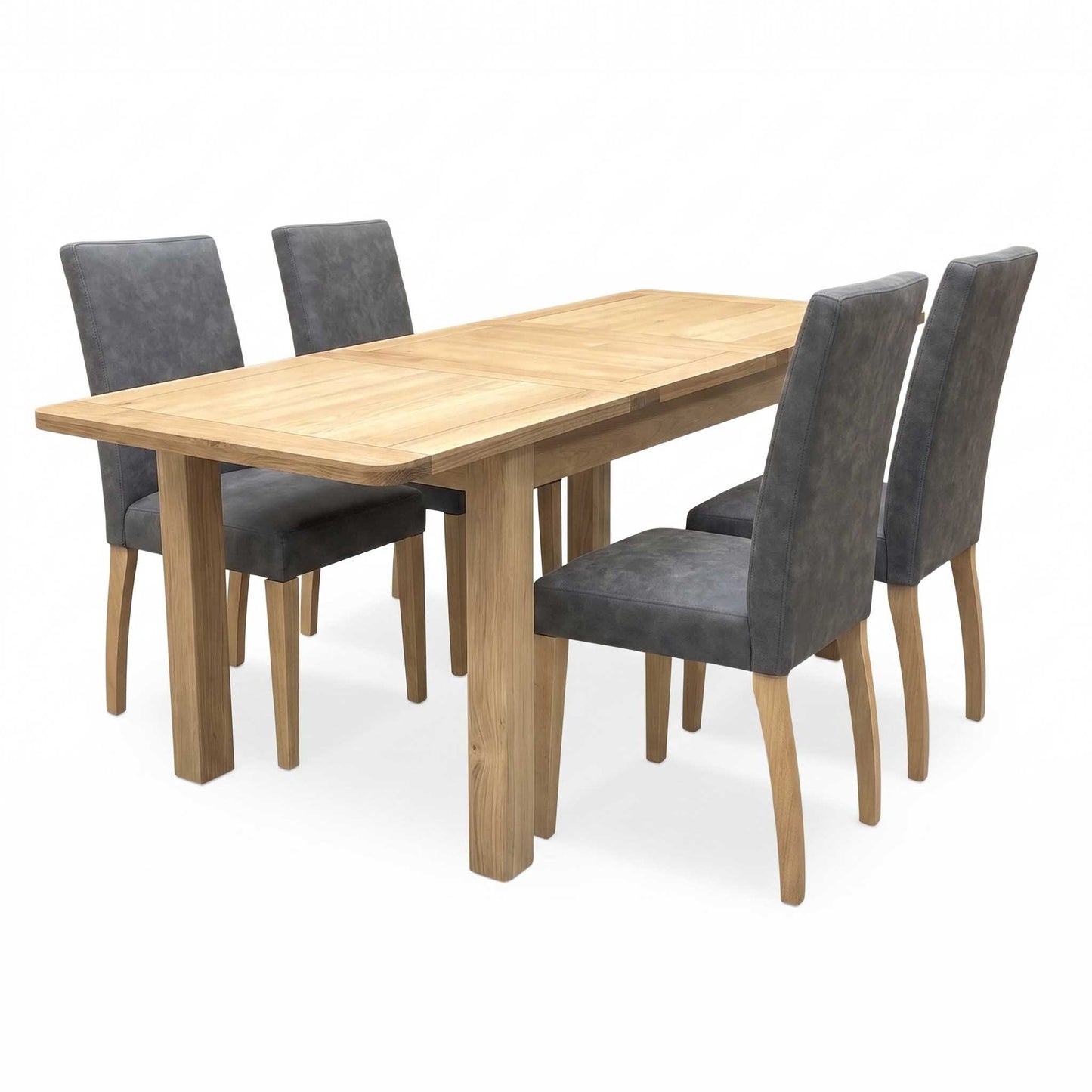 Furnitureland ‘Augusta’ Solid Oak Small Rectangular Extending Dining Table with Grey Cowboy Upholstered Dining Chairs - Set of 4