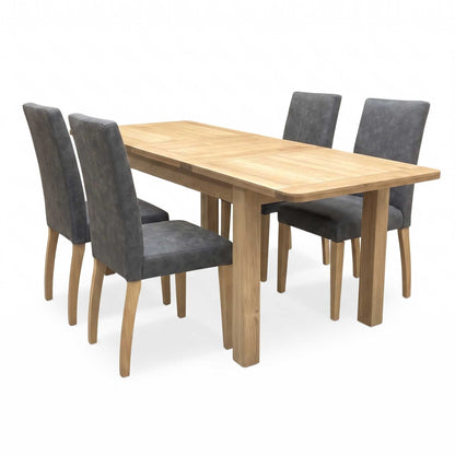 Furnitureland ‘Augusta’ Solid Oak Small Rectangular Extending Dining Table with Grey Cowboy Upholstered Dining Chairs - Set of 4