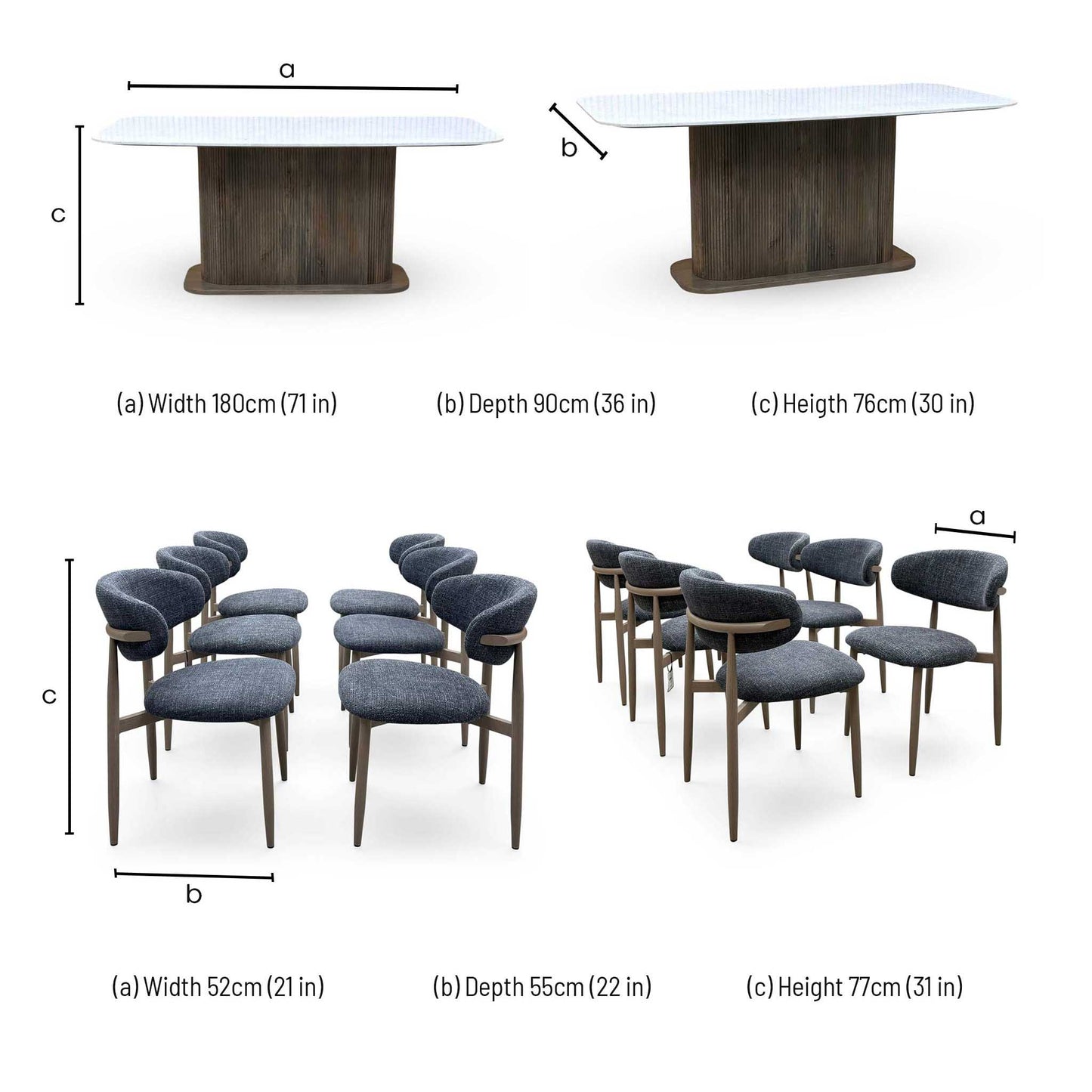 ‘Aimar’ Marble Top Rectangular Dining Table with Dark Grey Fabric Open Back Dining Chairs - Set of 6