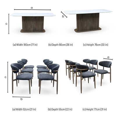 ‘Aimar’ Marble Top Rectangular Dining Table with Dark Grey Fabric Open Back Dining Chairs - Set of 6