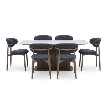 ‘Aimar’ Marble Top Rectangular Dining Table with Dark Grey Fabric Open Back Dining Chairs - Set of 6