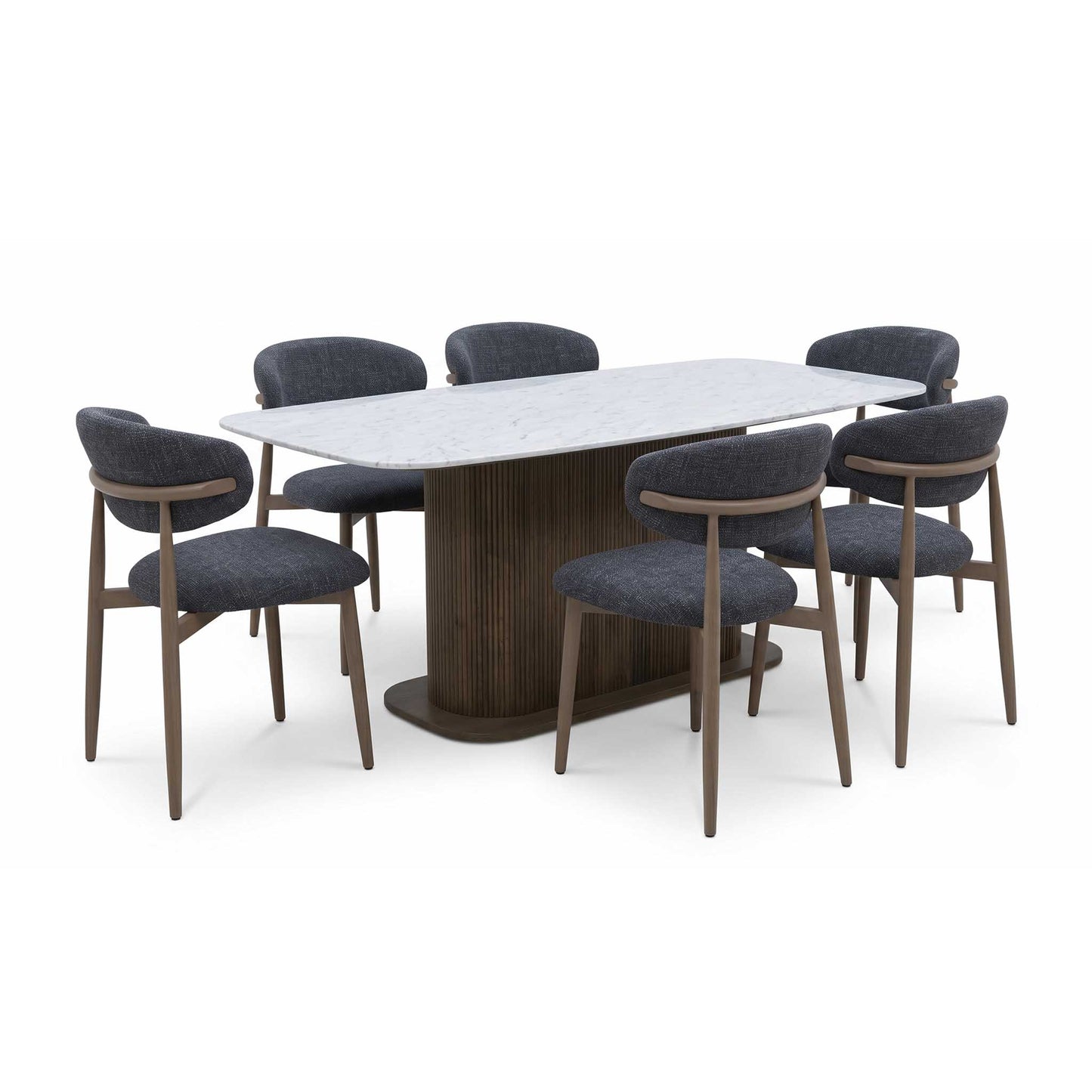 ‘Aimar’ Marble Top Rectangular Dining Table with Dark Grey Fabric Open Back Dining Chairs - Set of 6