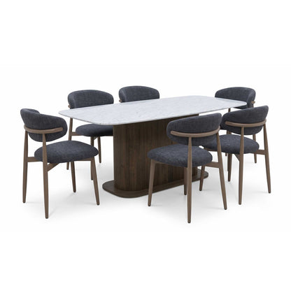 ‘Aimar’ Marble Top Rectangular Dining Table with Dark Grey Fabric Open Back Dining Chairs - Set of 6