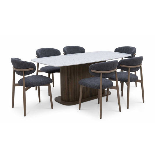 ‘Aimar’ Marble Top Rectangular Dining Table with Dark Grey Fabric Open Back Dining Chairs - Set of 6