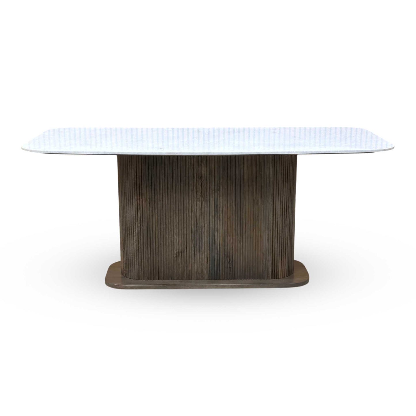 ‘Aimar’ Marble Top Rectangular Dining Table with Dark Grey Fabric Open Back Dining Chairs - Set of 6