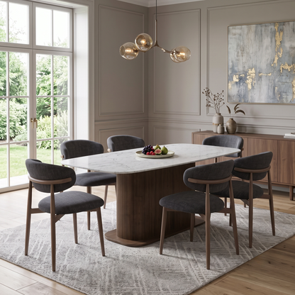 ‘Aimar’ Marble Top Rectangular Dining Table with Dark Grey Fabric Open Back Dining Chairs - Set of 6