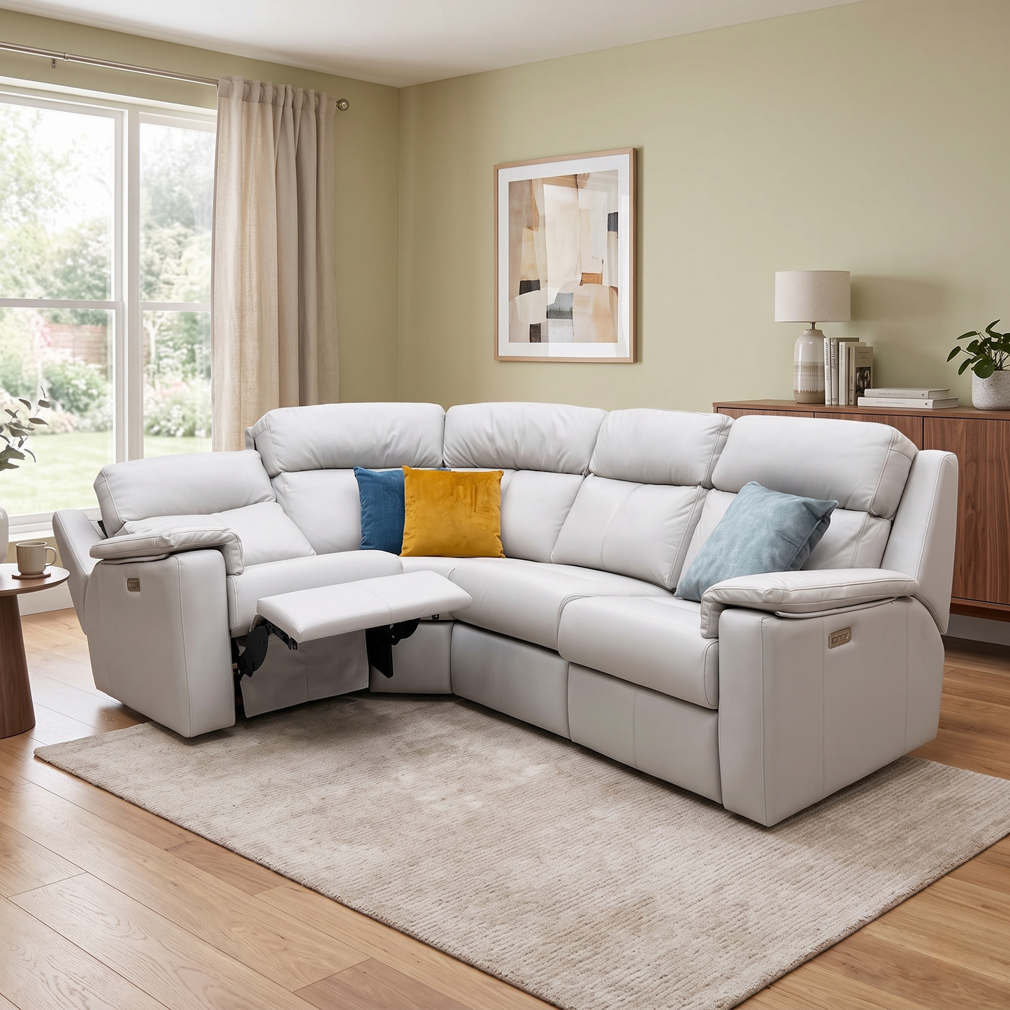 G Plan ‘Thornbury’ H006 Oxford Light Grey Leather Small Power Recliner Left Hand Facing Corner Sofa with Power Headrests and Power Lumbar