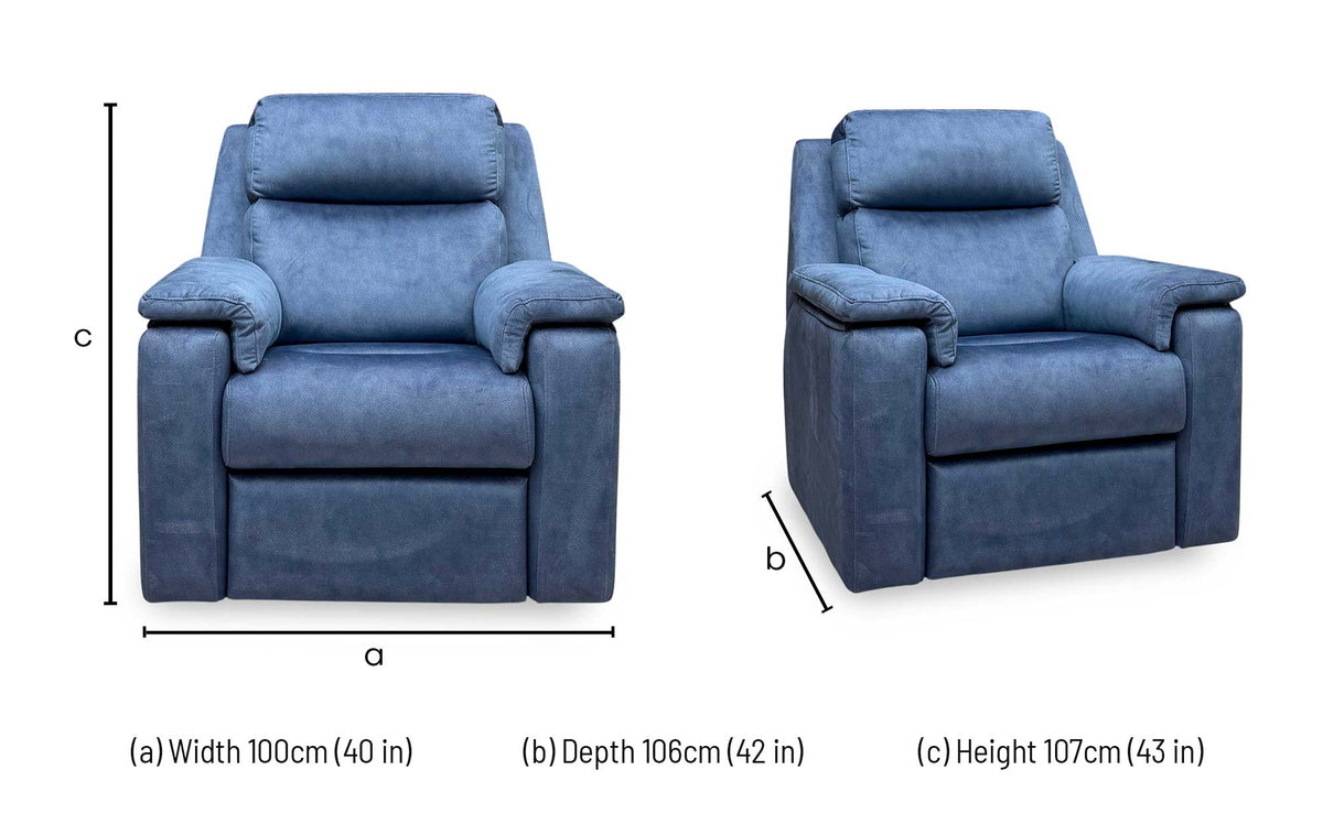 G Plan Thornbury indigo velvet recliner chair dimensions: width 100cm, depth 106cm, height 107cm