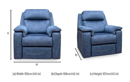 G Plan Thornbury indigo velvet recliner chair dimensions: width 100cm, depth 106cm, height 107cm