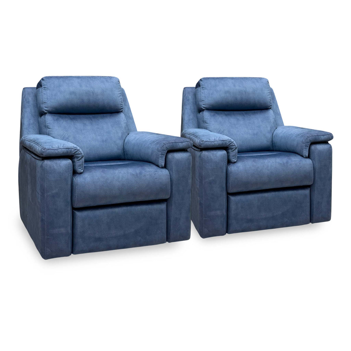 Side angle of the G Plan Thornbury indigo velvet recliner chair and armchair set from the left