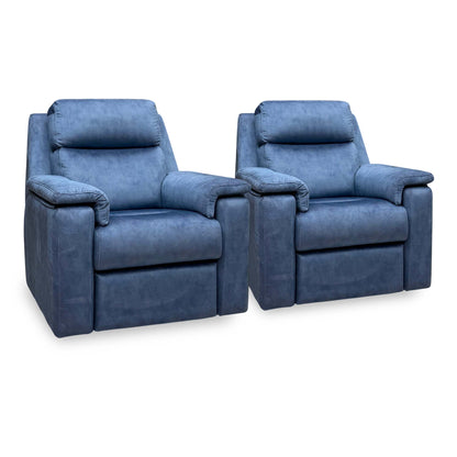 Side angle of the G Plan Thornbury indigo velvet recliner chair and armchair set from the left