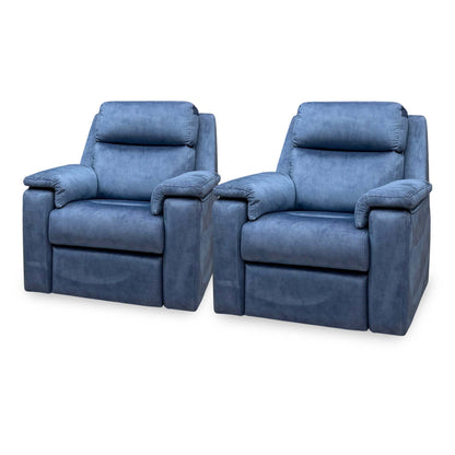 G Plan Thornbury indigo velvet chair set angled from the right showing the padded arms and headrests