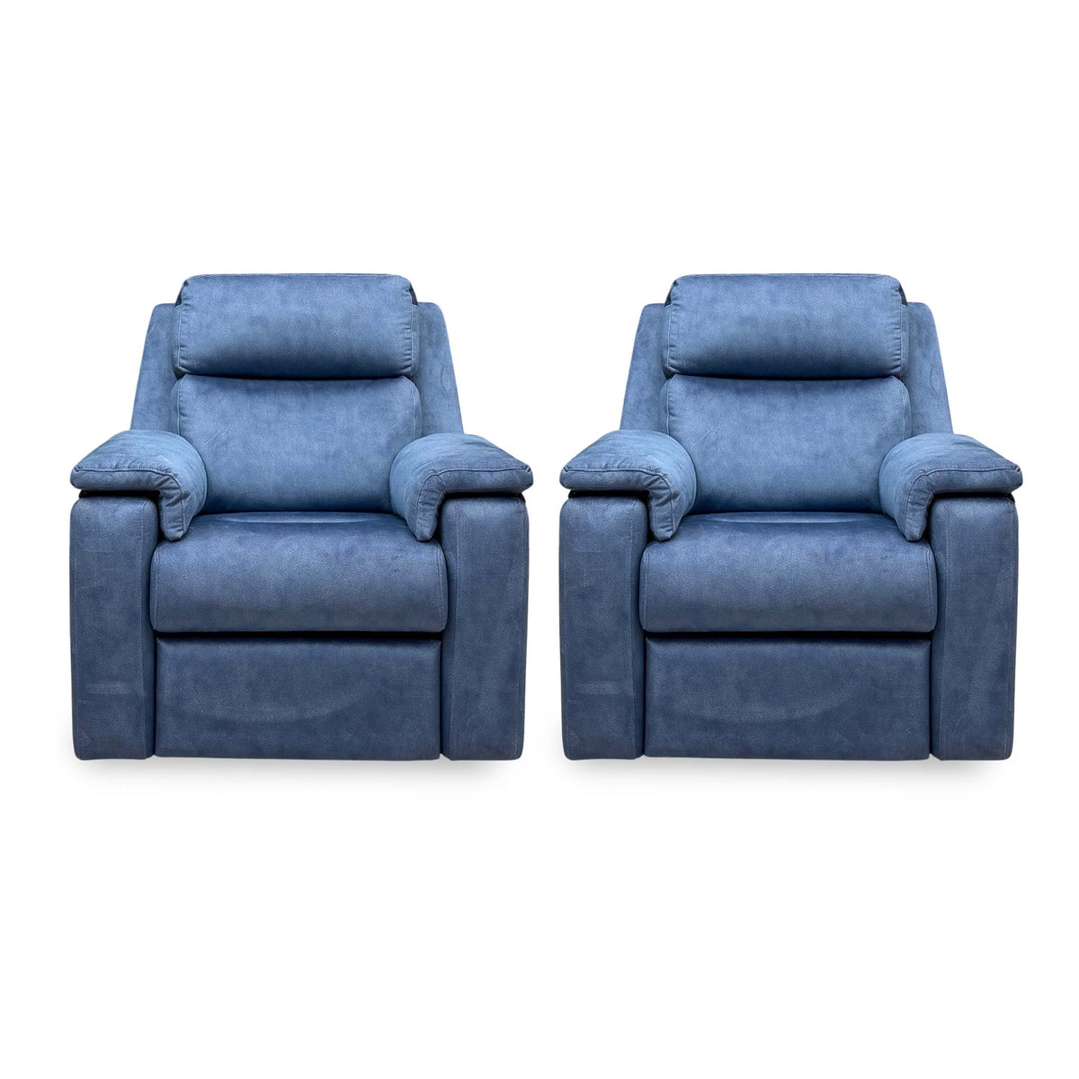Front view of the G Plan Thornbury indigo velvet power recliner chair and standard armchair set
