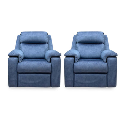 Front view of the G Plan Thornbury indigo velvet power recliner chair and standard armchair set