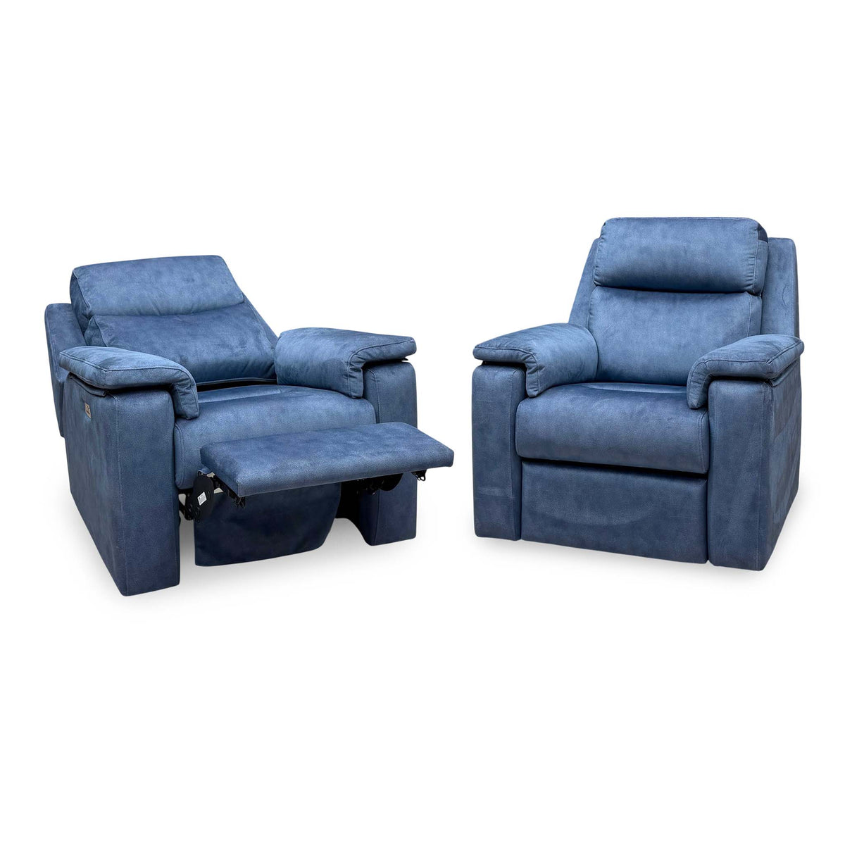 G Plan Thornbury indigo velvet chair set with the power recliner reclined on the left and the armchair upright
