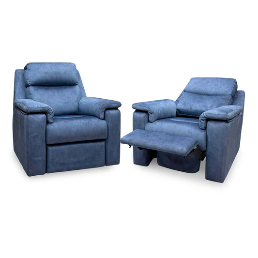 G Plan Thornbury indigo velvet power recliner chair and standard armchair set, the recliner shown in reclined position