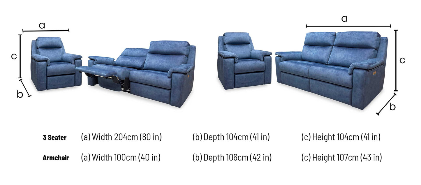 G Plan ‘Thornbury’ A125 Stingray Indigo Velvet Fabric 3 Seater Power Recliner with Standard Chair Sofa Set