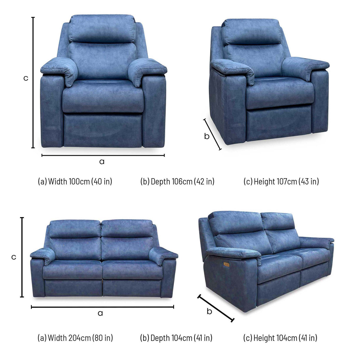 G Plan Thornbury indigo velvet set dimensions: chair 100 x 106 x 107cm, sofa 204 x 104 x 104cm (width, depth, height)