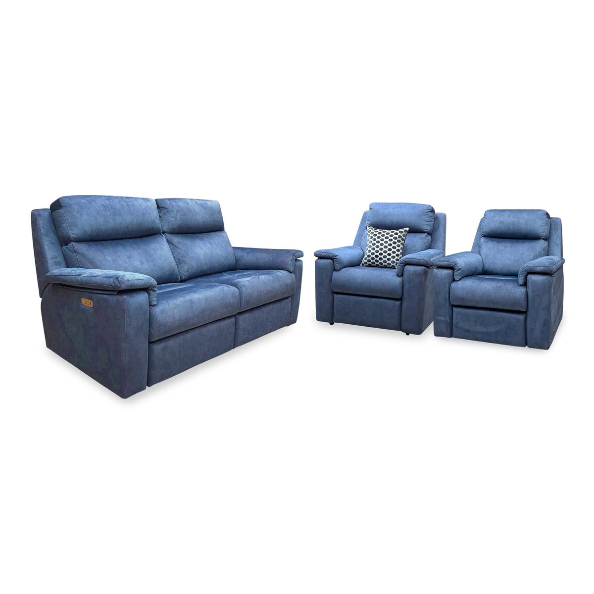 Angled view of the G Plan Thornbury indigo velvet 3 seater sofa and two chairs from the set, all upright