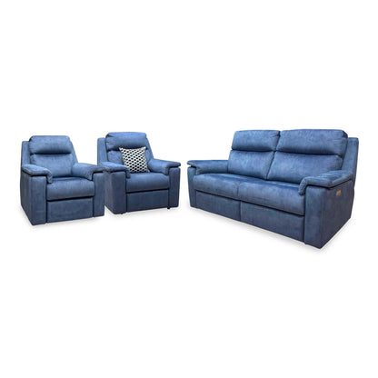 G Plan Thornbury indigo velvet sofa set angled from the right with the two chairs to the left of the 3 seater