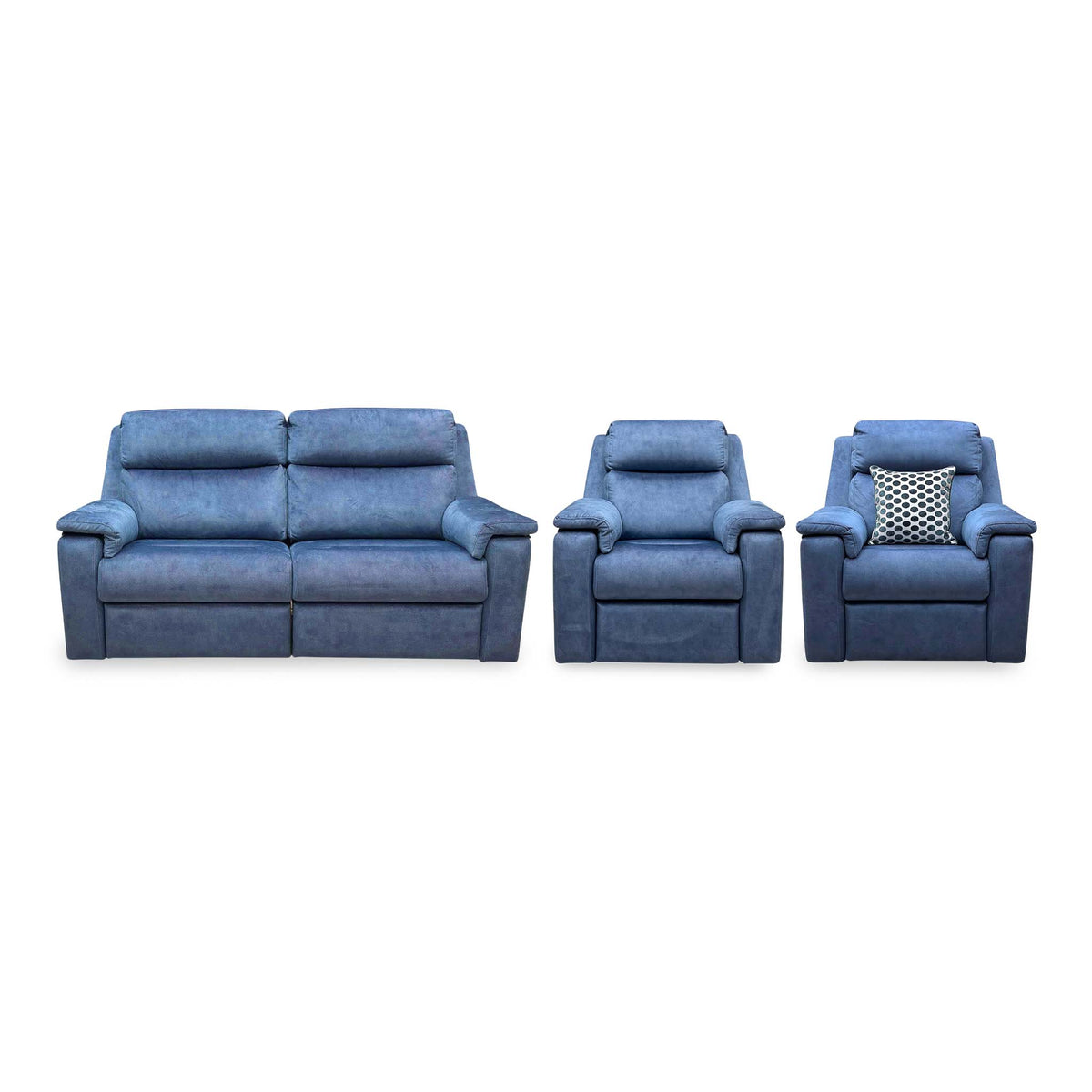 Front view of the G Plan Thornbury indigo velvet 3 seater power recliner sofa and two standard chairs
