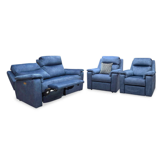 G Plan Thornbury indigo velvet 3 seater power recliner sofa with one seat reclined, beside the pair of standard chairs