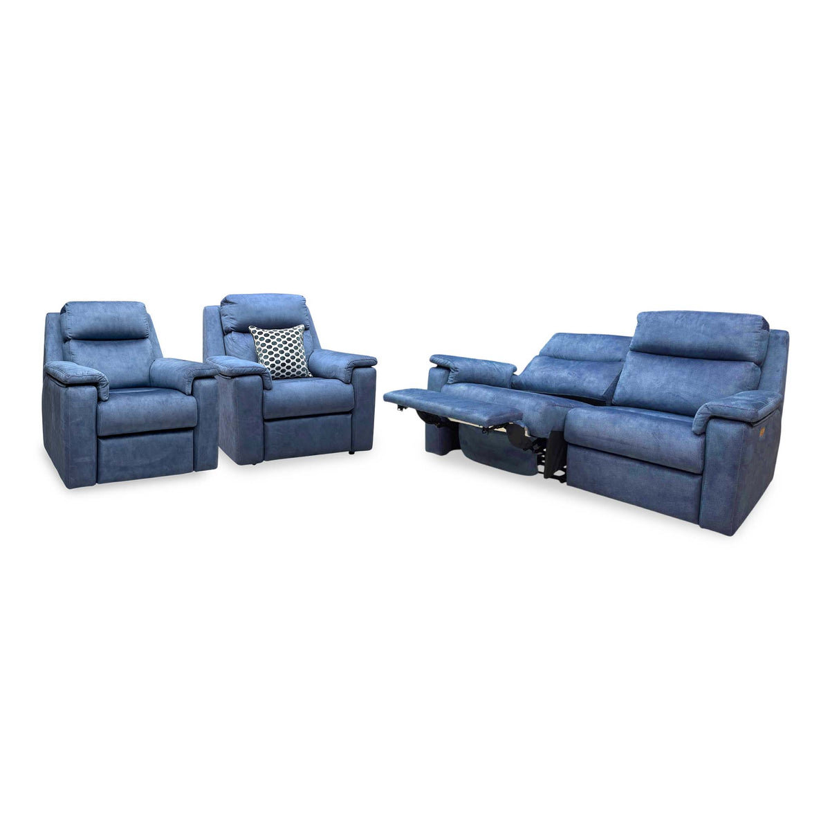 G Plan Thornbury indigo velvet 3 seater sofa with the end seat reclined, viewed from the right with the two chairs