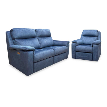 G Plan ‘Thornbury’ A125 Stingray Indigo Velvet Fabric 3 Seater Power Recliner with Standard Chair Sofa Set