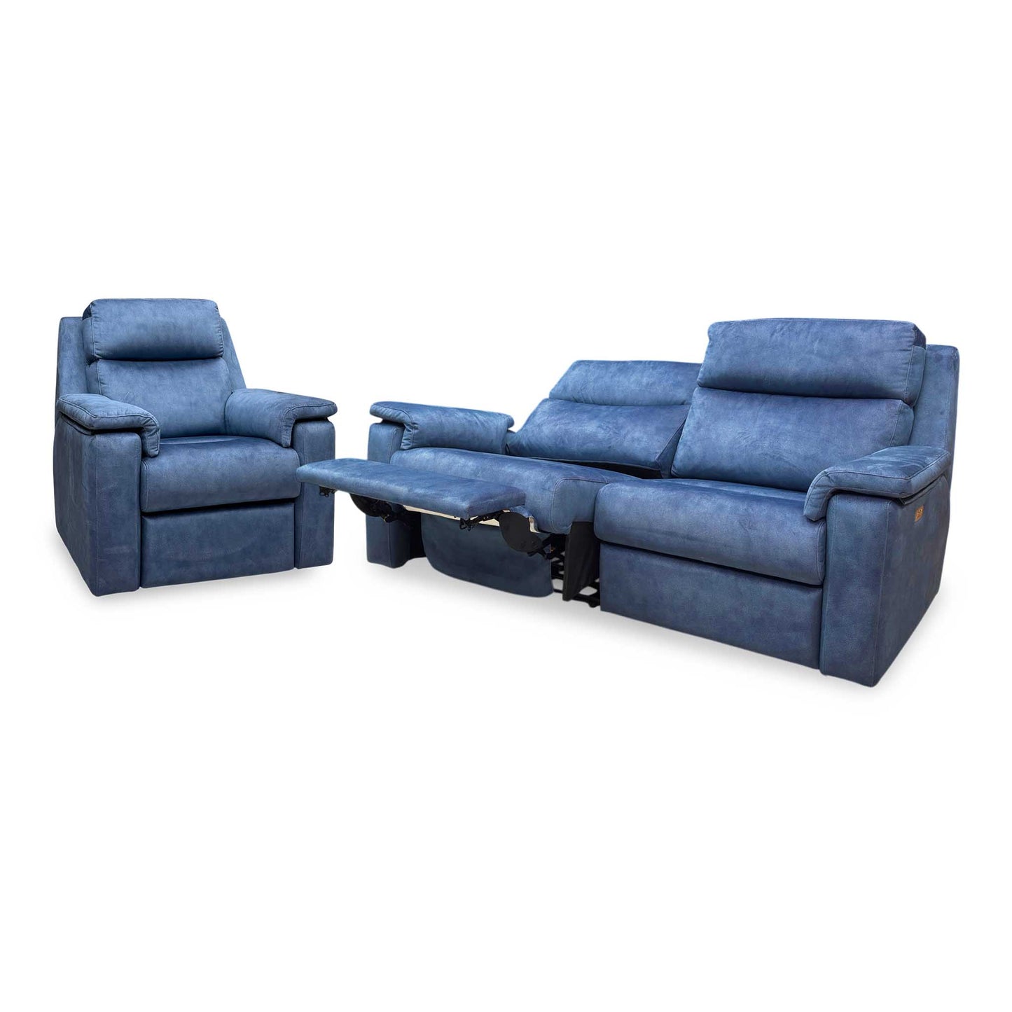 G Plan ‘Thornbury’ A125 Stingray Indigo Velvet Fabric 3 Seater Power Recliner with Standard Chair Sofa Set