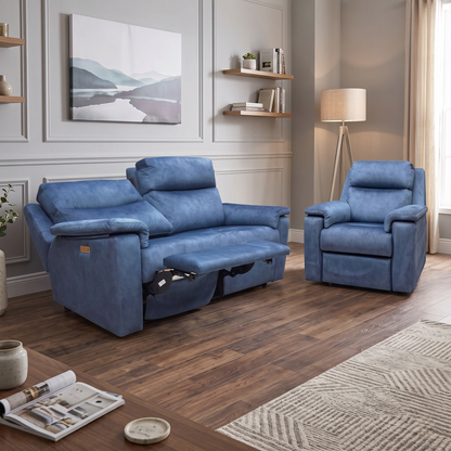 G Plan ‘Thornbury’ A125 Stingray Indigo Velvet Fabric 3 Seater Power Recliner with Standard Chair Sofa Set