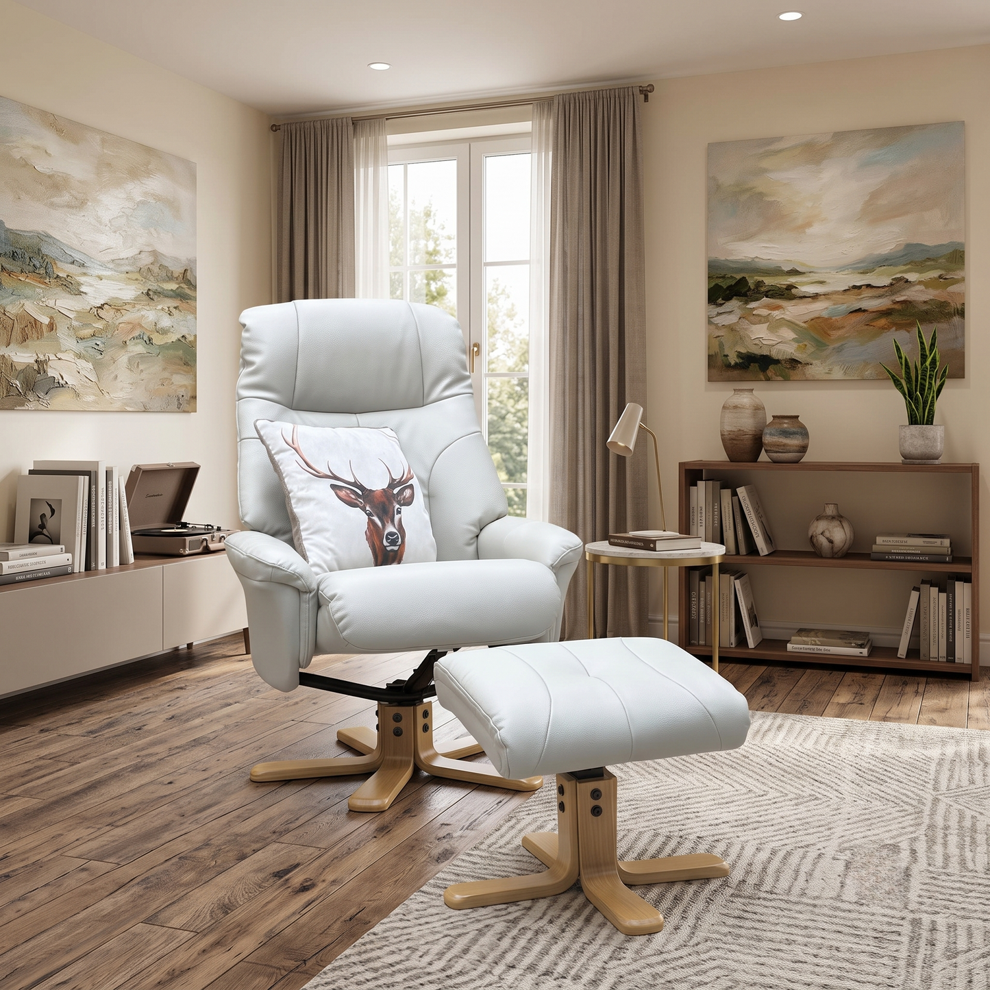 ‘Muscat’ Mushroom Leather Swivel Recliner Chair and Footstool – view 2