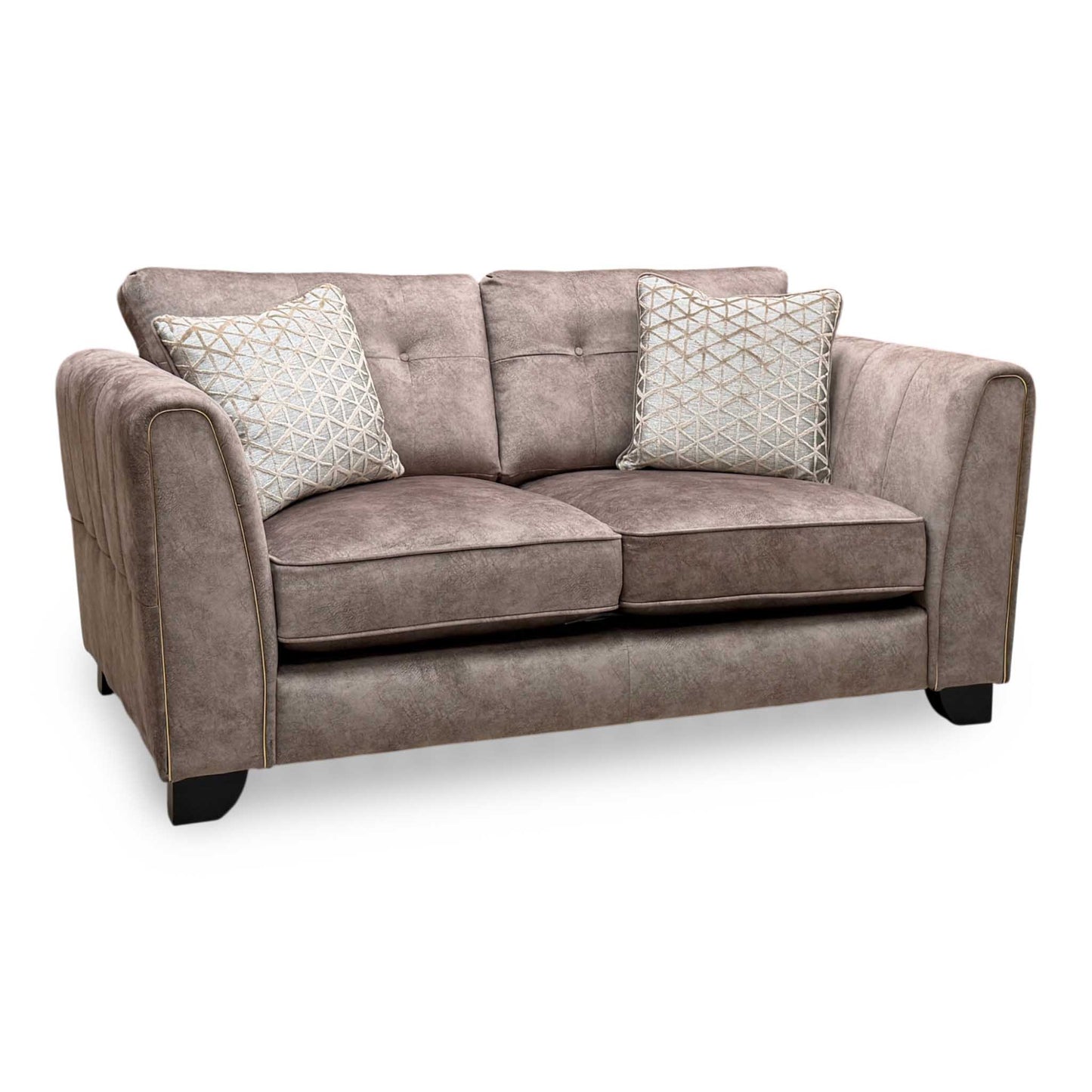 ‘Mariah’ Dapple Chocolate-Tri Brass Insert Velvet Fabric 2 Seater Classic Back Sofa