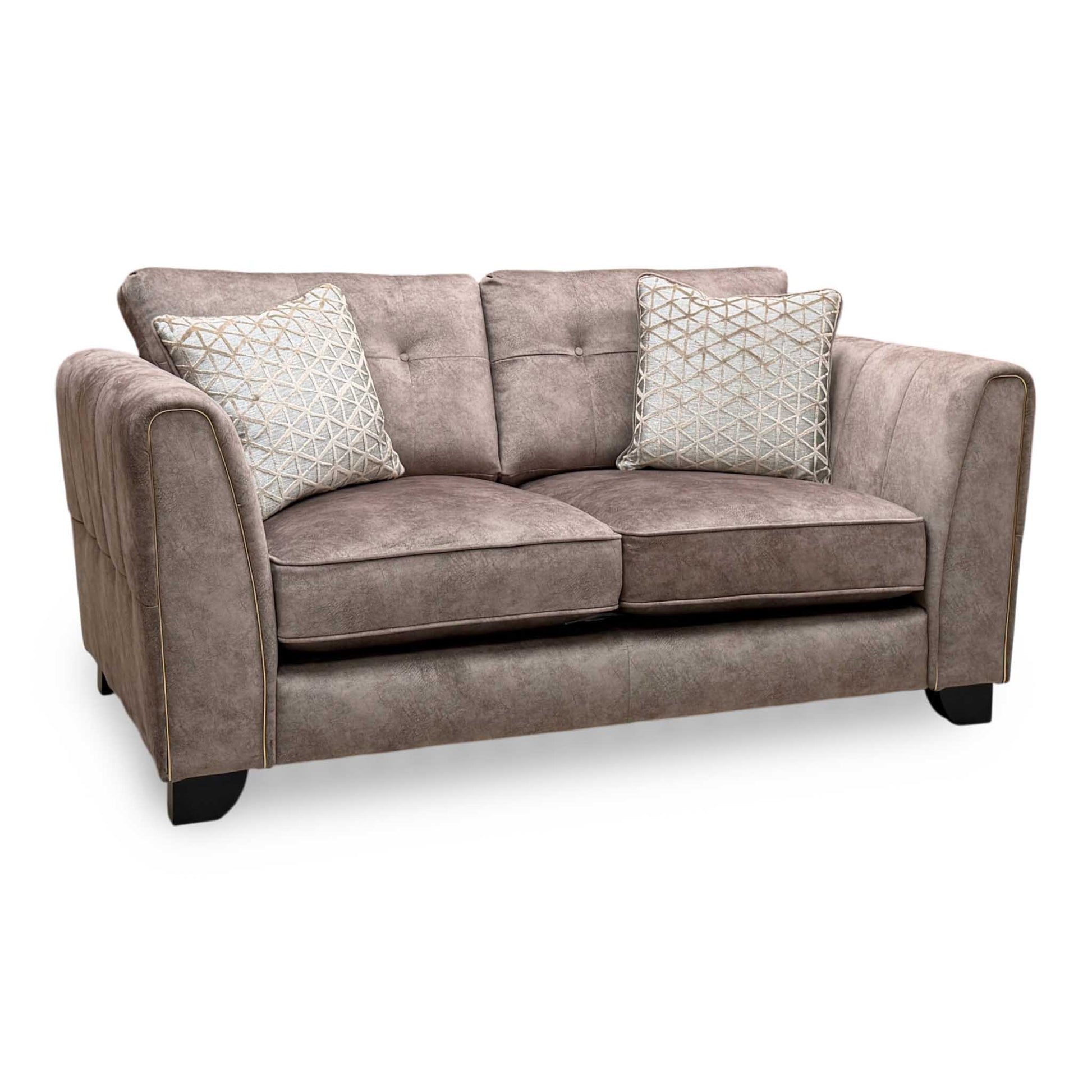‘Mariah’ Dapple Chocolate-Tri Brass Insert Velvet Fabric 2 Seater Classic Back Sofa