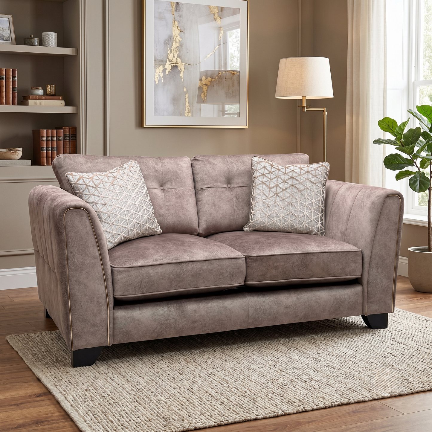 ‘Mariah’ Dapple Chocolate-Tri Brass Insert Velvet Fabric 2 Seater Classic Back Sofa – view 2