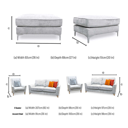 Legend Kingston set dimensions: sofa width 207cm, depth 98cm, height 97cm; chair 91x100x97cm; footstool 93x69x51cm