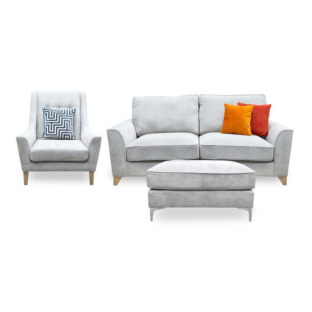 Front view of the Legend Kingston silver fabric 3 seater sofa, accent chair and footstool set