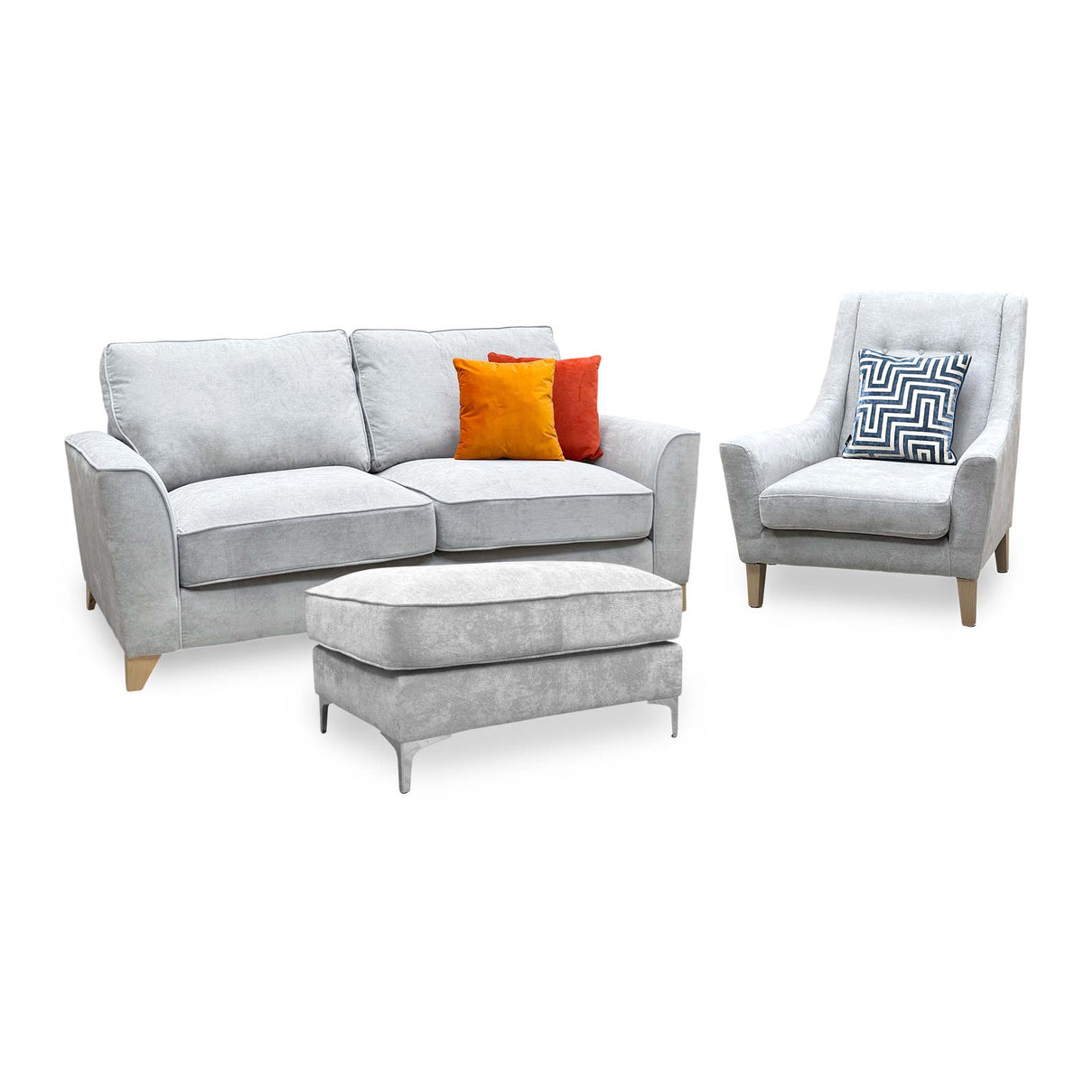 Legend Kingston silver fabric 3 seater sofa with accent chair on the right and footstool, angled view