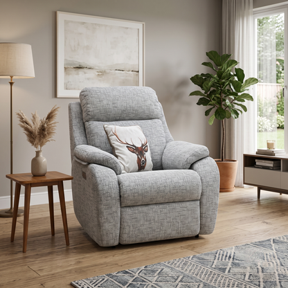 G Plan ‘Kingsbury’ B076 Mirage Powder Grey Fabric Power Recliner Armchair – view 2
