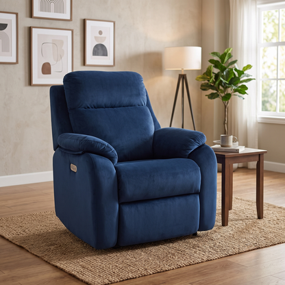 G Plan 'Kingsbury' Navy Blue Velvet Fabric Power Recliner Chair with Power Headrest and Power Lumbar – view 2