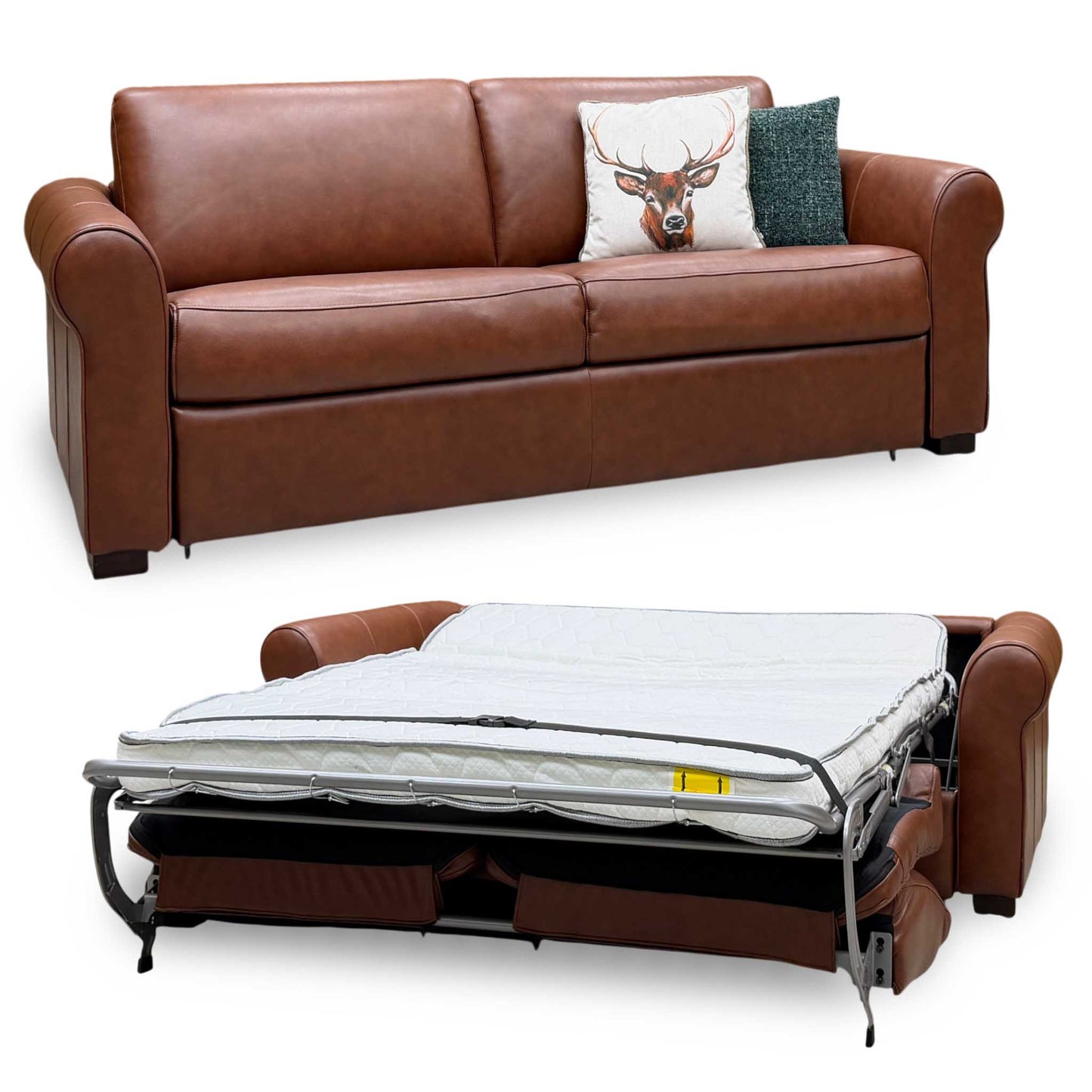 Nicoletti ‘Alcova’ Brown Leather 3 Seater Sofa Bed with Scroll Arms