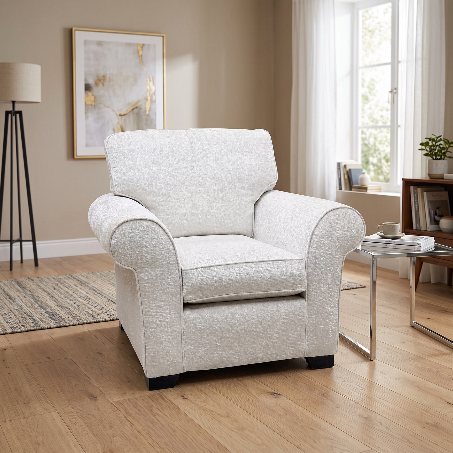 ‘Hedingham’ Fossil Debden Ivory Plain Fabric Armchair – view 2