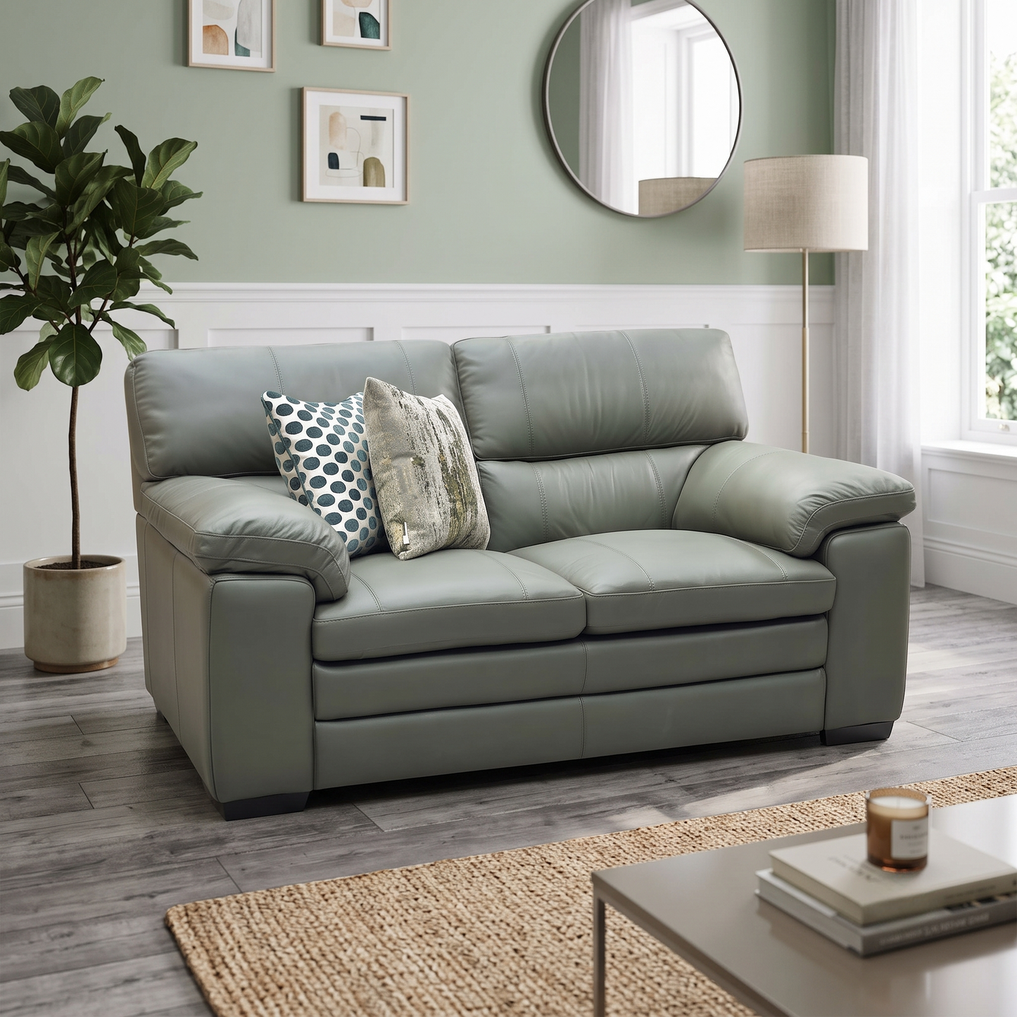 World of Leather ‘Cozee’ Nw-548e Olive Green Pure Premium Leather 2 Seater Sofa – view 2