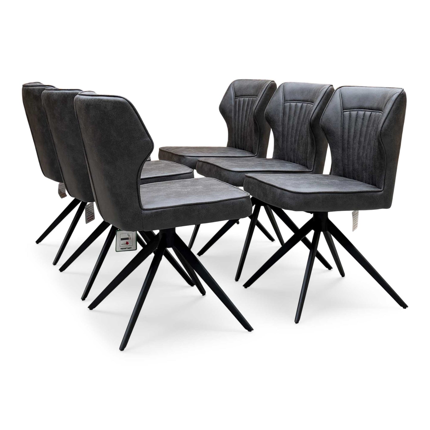 ‘Jayden’ Dark Grey Faux Leather Set of 6 Swivel Dining Chairs