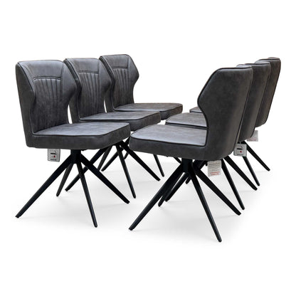 ‘Jayden’ Dark Grey Faux Leather Set of 6 Swivel Dining Chairs