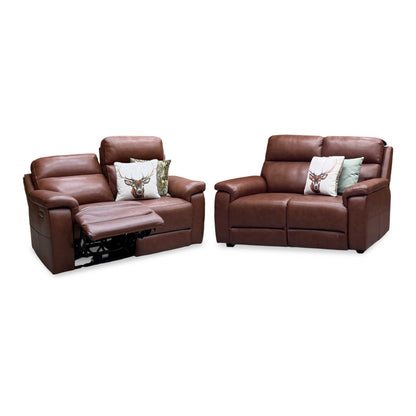 ‘Raven’ Montana Butterscotch Cat-60 07 Brown Leather Set: 2 Seater Power Recliner + 2 Seater Standard Sofa Set