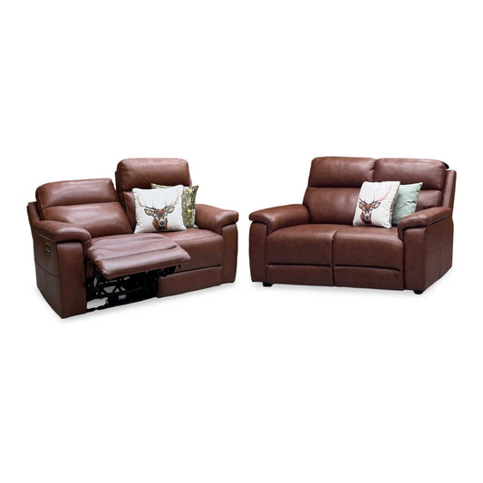 ‘Raven’ Montana Butterscotch Cat-60 07 Brown Leather Set: 2 Seater Power Recliner + 2 Seater Standard Sofa Set