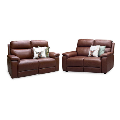 ‘Raven’ Montana Butterscotch Cat-60 07 Brown Leather Set: 2 Seater Power Recliner + 2 Seater Standard Sofa Set