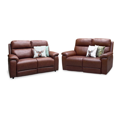 ‘Raven’ Montana Butterscotch Cat-60 07 Brown Leather Set: 2 Seater Power Recliner + 2 Seater Standard Sofa Set