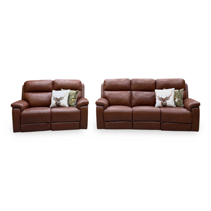 ‘Raven’ Montana Butterscotch Cat-60_07 Brown Leather 3 + 2 Seater Power Recliner Sofa Set